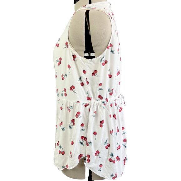 MODCLOTH Cherry Print Sleeveless Button-Up Top 1X – White Coquette Peplum Blouse - Picture 4 of 11